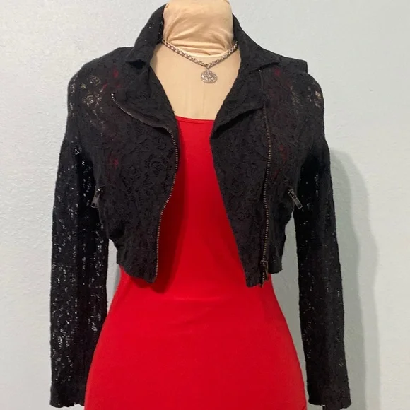 Vintage Black sheer Lace crop Biker style jacket size M - Picture 1 of 12
